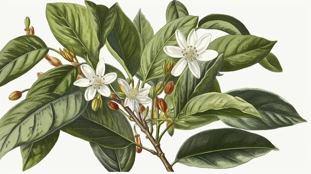 Un disegno di un albero con fiori bianchi e foglie verdi.