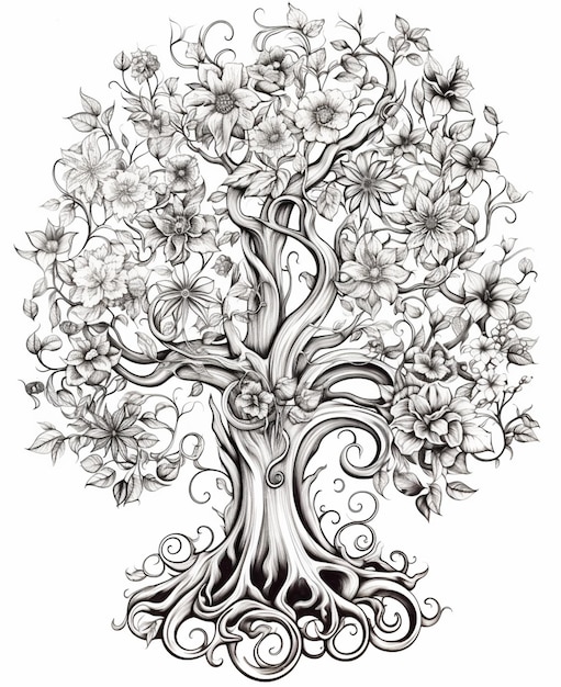 Un disegno di un albero con fiori e viti generativo ai