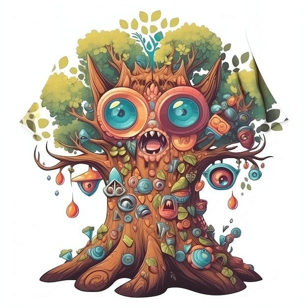 Un disegno di un albero con un albero con molti occhi e un albero con molte altre cose sopra.