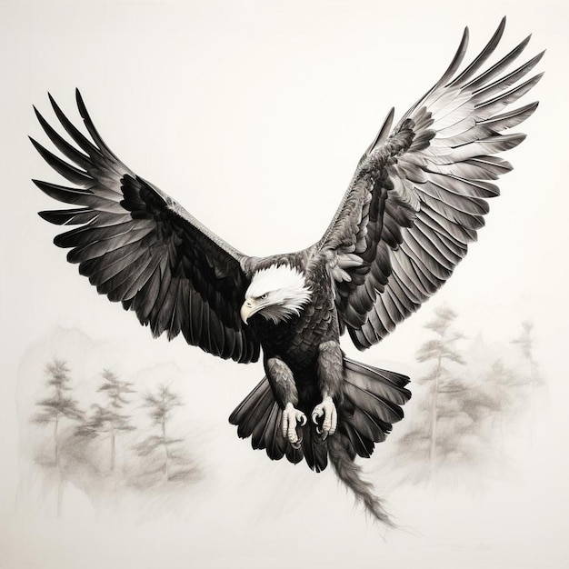 Un disegno di un'aquila con un'immagine in bianco e nero di un'aquila calva.