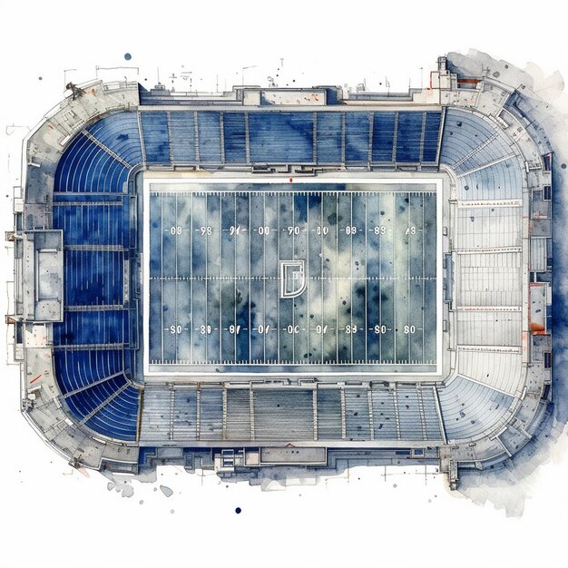 un disegno di un'arena con un grande pavimento e un grande cerchio blu e bianco.