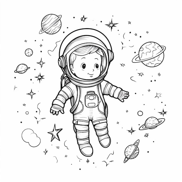 un disegno di un astronauta nello spazio con stelle e pianeti