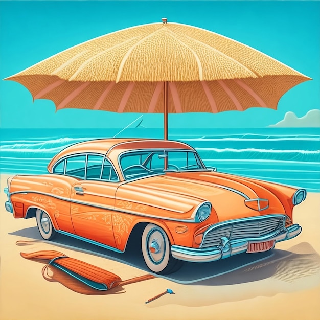 Un disegno di un'auto con un ombrello su di essa con lo sfondo della spiaggia per la giornata mondiale senza auto