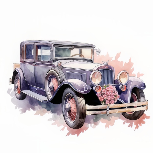 Un disegno di un'auto d'epoca che è blu e ha dei fiori sopra.