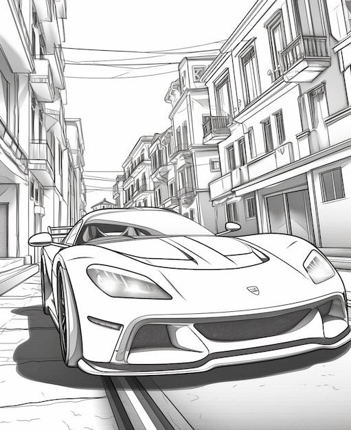 un disegno di un'auto sportiva che percorre una strada in una città generativa ai