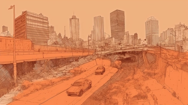 Un disegno di un'autostrada con uno skyline della città sullo sfondo.