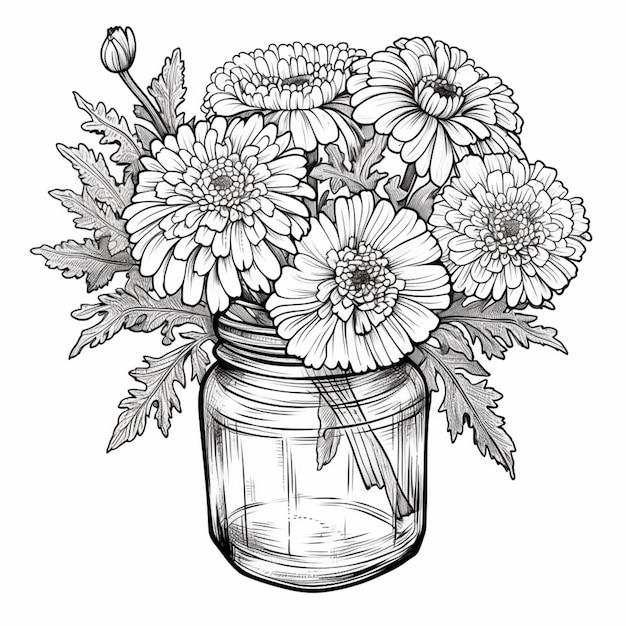un disegno di un barattolo con fiori in esso generativo ai