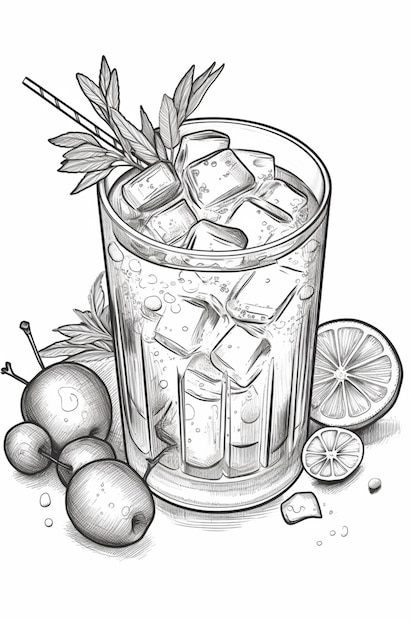 un disegno di un bicchiere di ghiaccio e qualche frutto ai