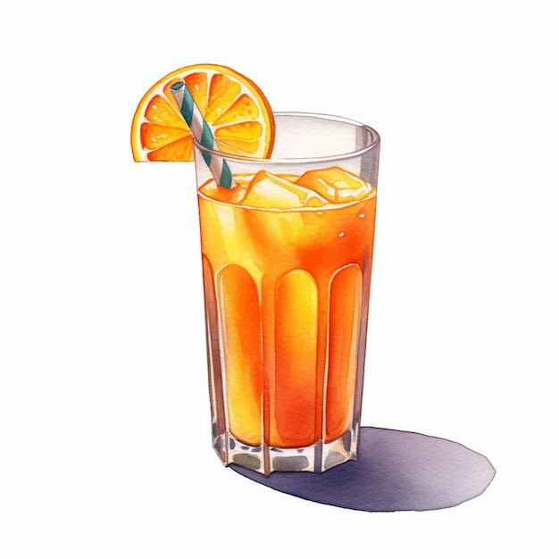 Un disegno di un bicchiere di succo d'arancia con una cannuccia verde.