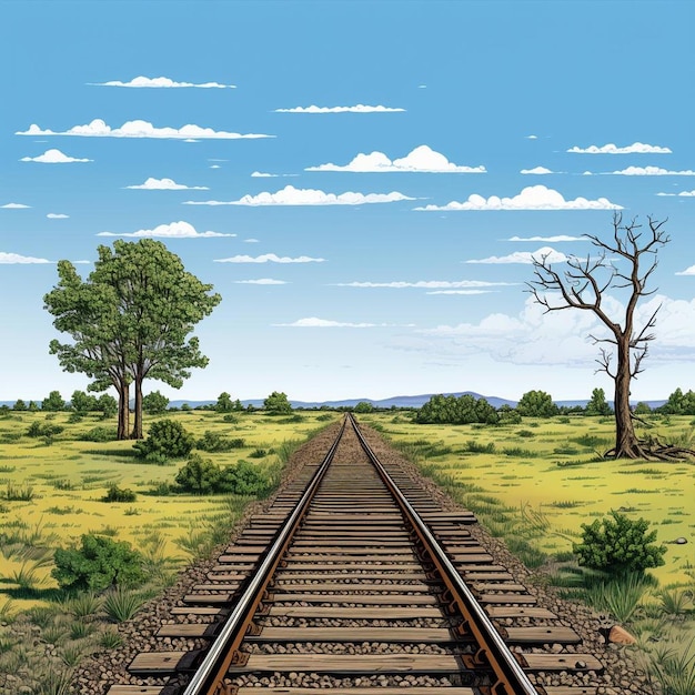 un disegno di un binario ferroviario nel mezzo di un campo