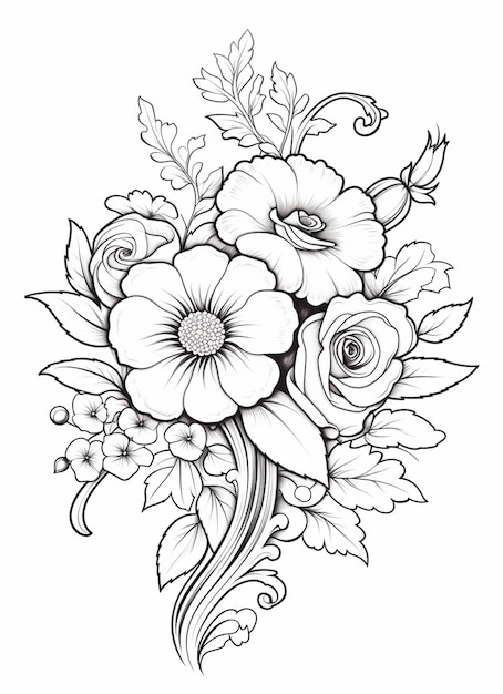 un disegno di un bouquet di fiori con foglie e fiori generativi ai