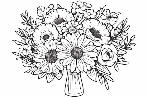 Un disegno di un bouquet di fiori con una farfalla in cima generativo ai