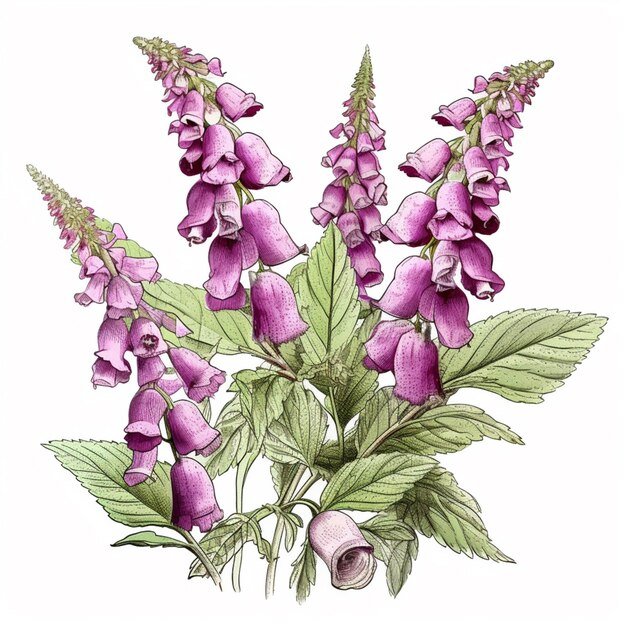 un disegno di un bouquet di fiori viola con foglie verdi generativ ai