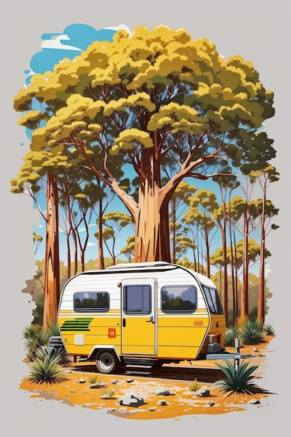 un disegno di un camper con alberi sullo sfondo.