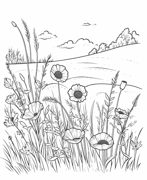 un disegno di un campo con fiori ed erba ai generativa
