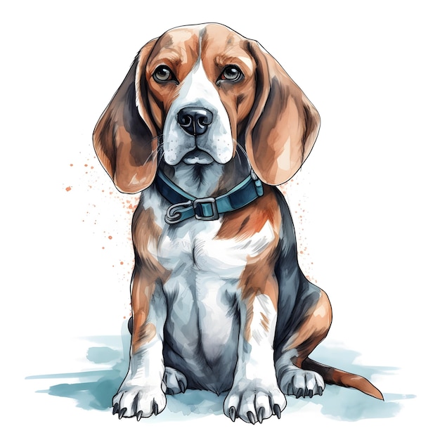 Un disegno di un cane beagle con un collare blu.