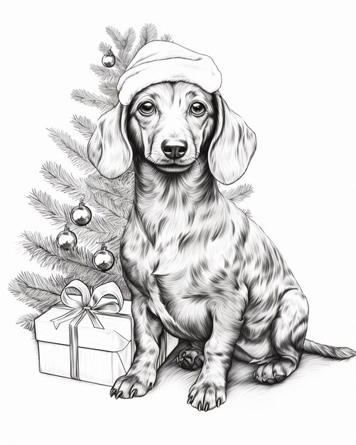 un disegno di un cane che indossa un cappello di Babbo Natale seduto accanto a un albero di Natale generativo ai