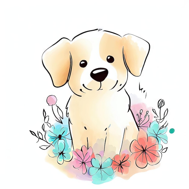 Un disegno di un cane con dei fiori al centro