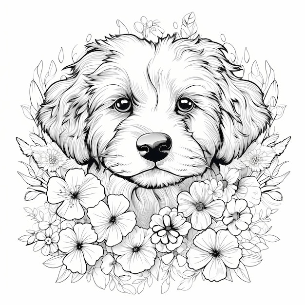 Un disegno di un cane con dei fiori dentro