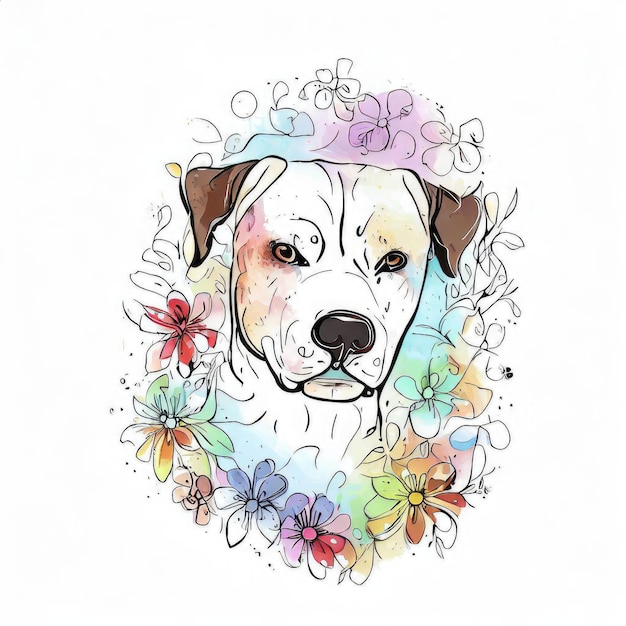 Un disegno di un cane con dei fiori sopra