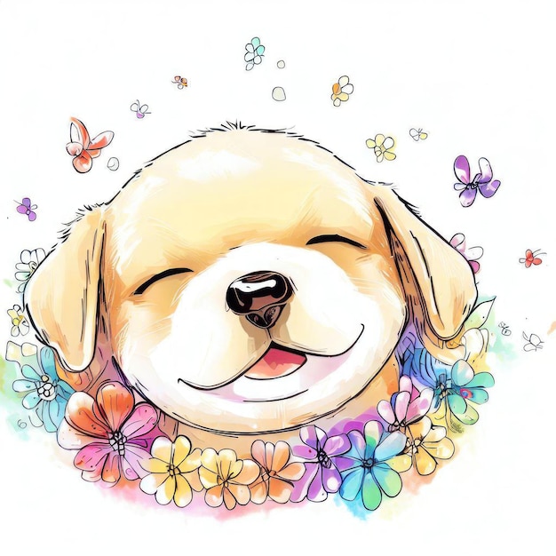 Un disegno di un cane con fiori e farfalle