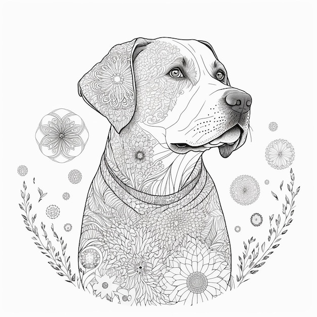 Un disegno di un cane con fiori e sopra il nome labrador.