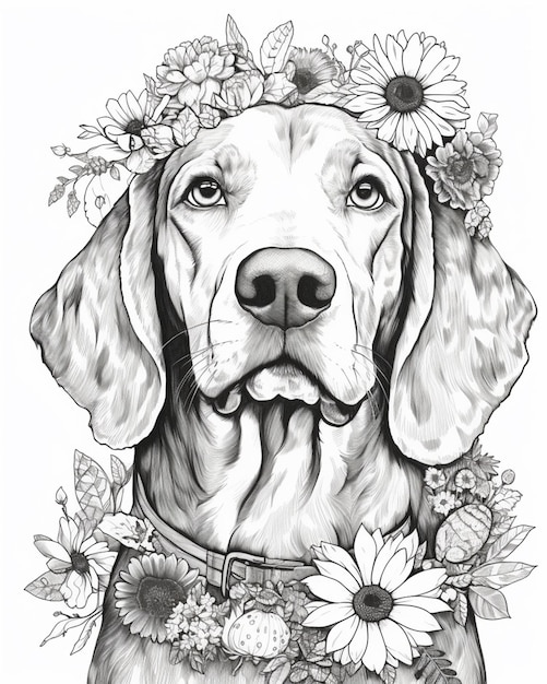 Un disegno di un cane con una corona di fiori in testa generativo ai