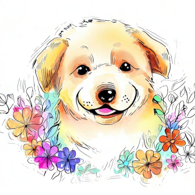 Un disegno di un cane con una ghirlanda di fiori attorno al collo.