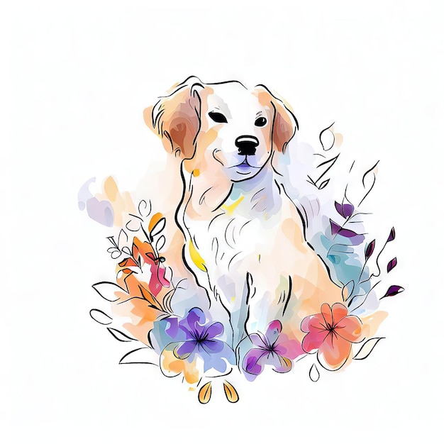 Un disegno di un cane con uno sfondo viola e arancione.