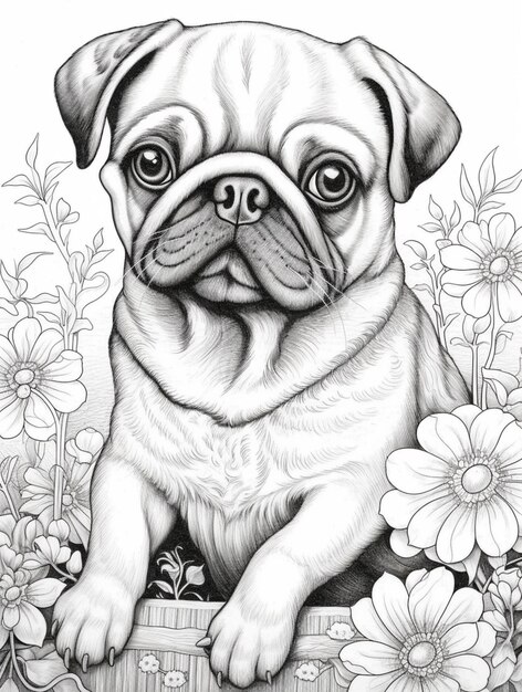 un disegno di un cane pug seduto in un giardino di fiori generativo ai