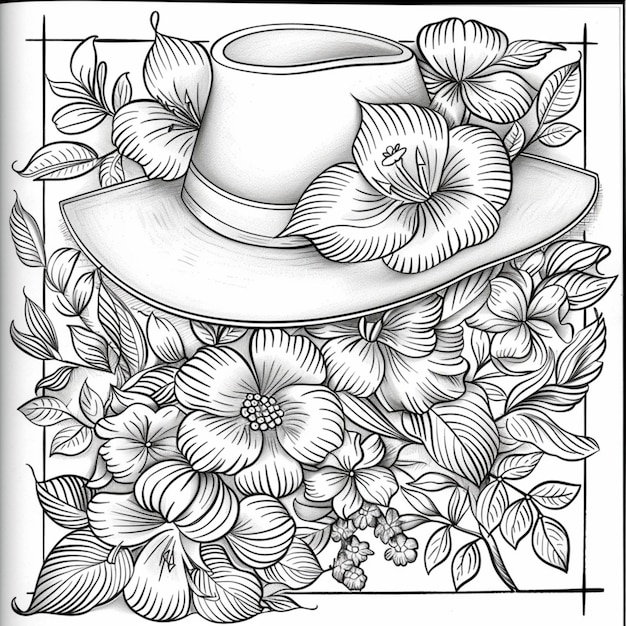 un disegno di un cappello con fiori e un cappelli su di esso