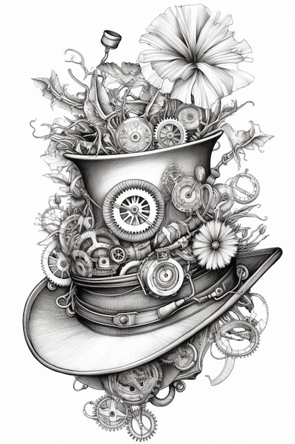 un disegno di un cappello con ingranaggi e fiori sopra ai generativi