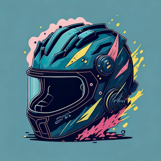 Un disegno di un casco da motociclista con uno sfondo colorato.