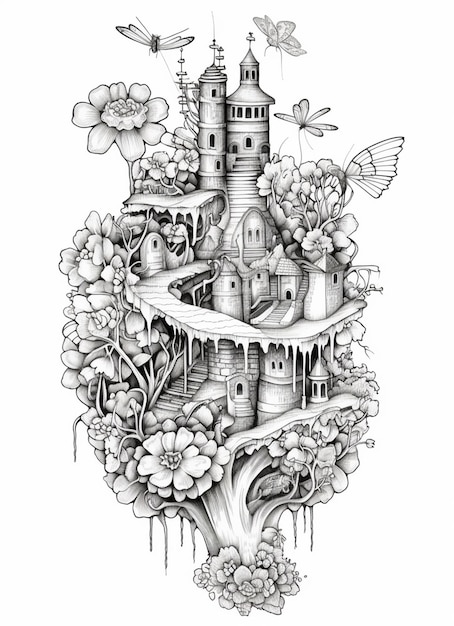 un disegno di un castello circondato da fiori e farfalle ai