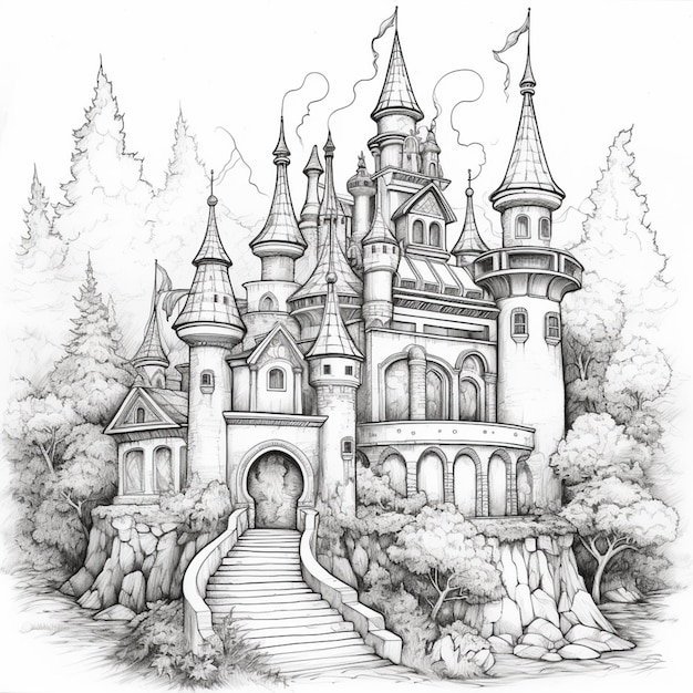 un disegno di un castello con scale che portano ad esso generativo ai