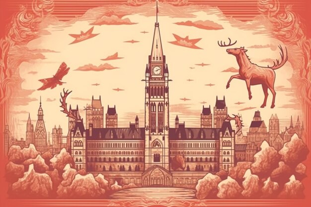 Un disegno di un castello con sopra un cervo