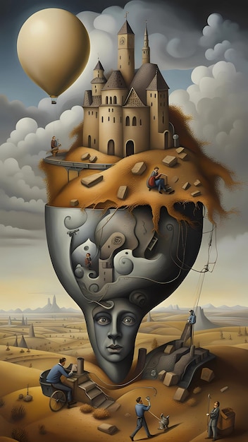un disegno di un castello con sopra un uomo surrealismo arte digitale