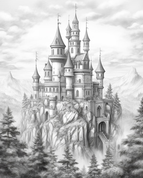 Un disegno di un castello nel mezzo di una montagna generativa ai