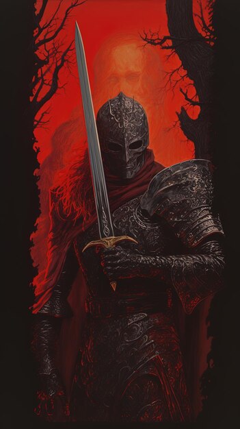 un disegno di un cavaliere che tiene una spada su uno sfondo rosso