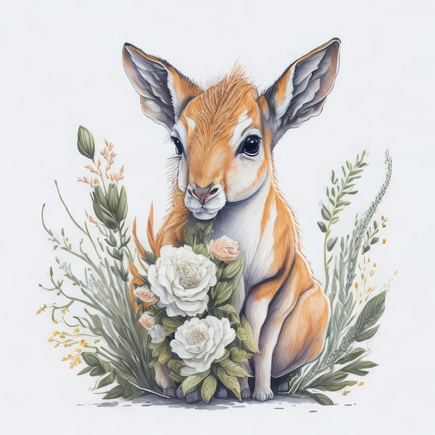 Un disegno di un cervo con dei fiori sopra