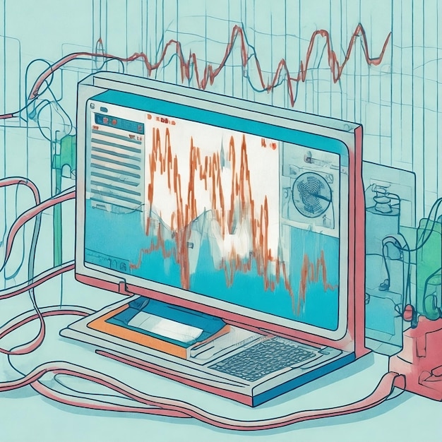 un disegno di un computer con un grafico Le moderne analisi del settore sanitario generate dall'IA