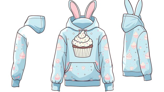 un disegno di un coniglietto che indossa un maglione con un cupcake su di esso