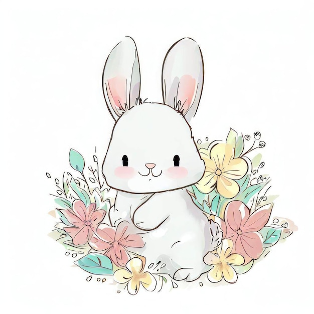 Un disegno di un coniglietto con dei fiori
