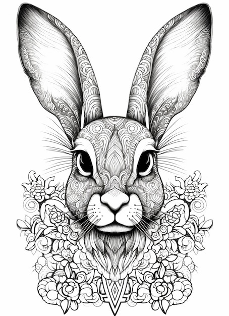 Un disegno di un coniglio con una ghirlanda floreale attorno ad esso generativo ai