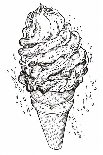 un disegno di un cono di gelato con vortici e spruzzate generative ai