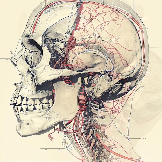 un disegno di un cranio con una linea rossa attraverso di esso