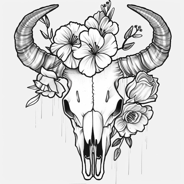 un disegno di un cranio di toro con fiori su di esso generativo ai