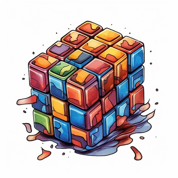 Un disegno di un cubo di rubik con molta vernice su di esso generativo ai