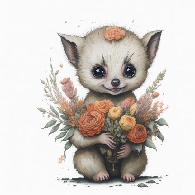 Un disegno di un cucciolo di animale che tiene un mazzo di fiori.