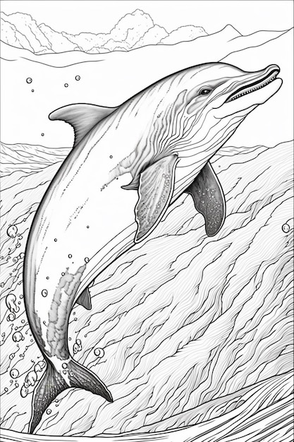 Un disegno di un delfino che nuota nell'oceano.